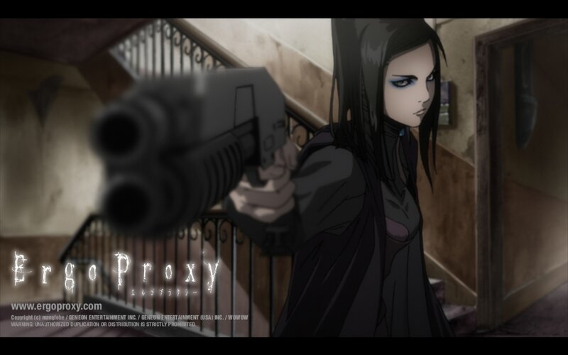 Anime Woman Holding Gun — Black, Dramatic, Staircase
