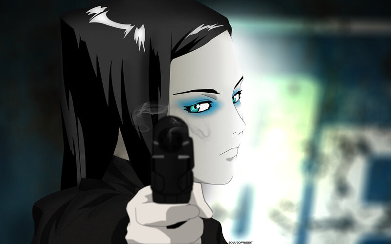 Anime Woman Holding Gun — Black, Dramatic