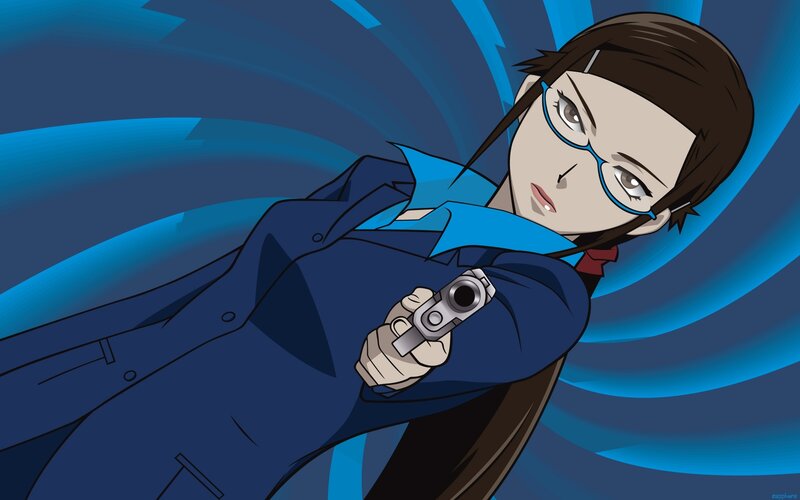 Anime Woman Holding Gun — Blue, Dramatic, Glasses