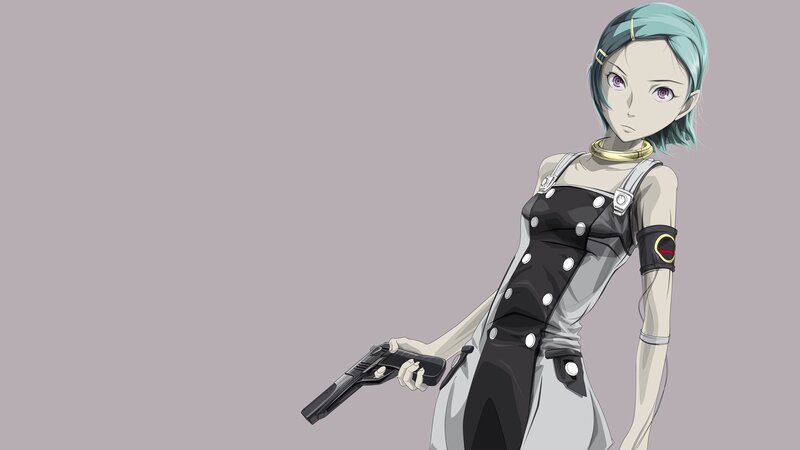 Anime Woman Holding Gun — Gray, Serious, Dress
