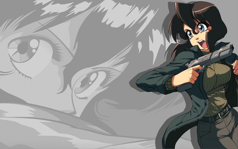 Anime Woman Holding Gun — Gray