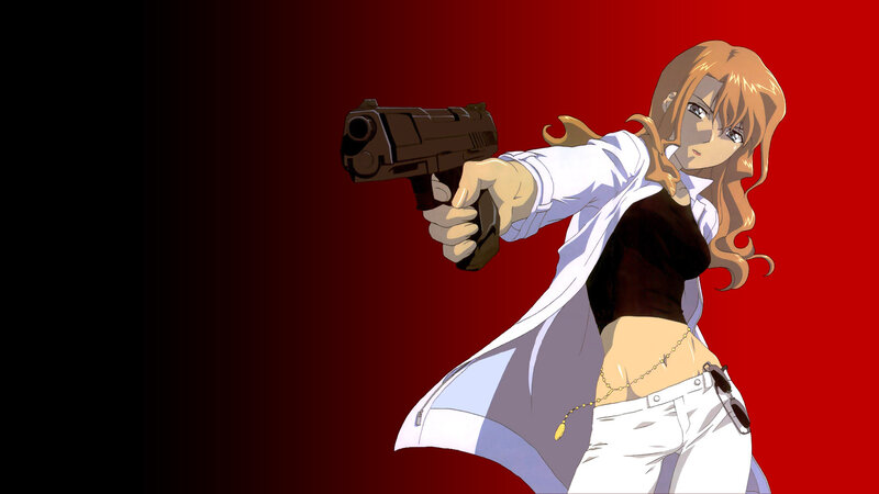 Anime Woman Holding Gun — Red, Dramatic