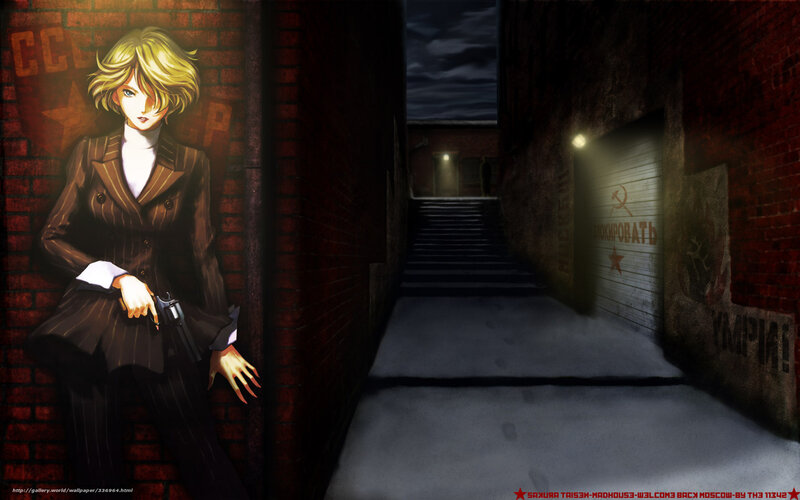 Anime woman in alley with gun