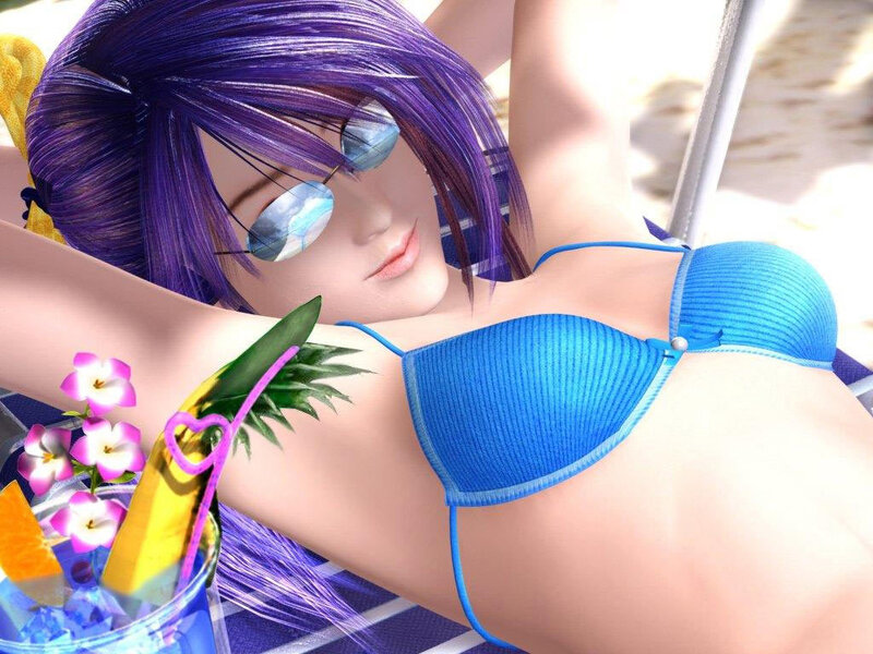 Anime Woman in Bikini — Blue, Relaxed, Afternoon, 3d Render, Sunglasses, Pineapple Drink