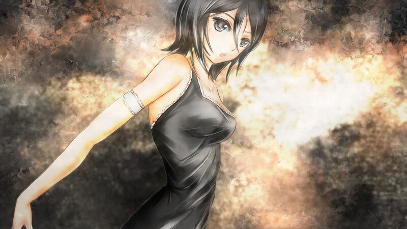 Anime Woman in Black Dress — Dramatic, Digital Art, Arm Band, Explosion