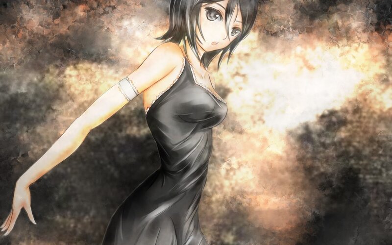 Anime Woman in Black Dress — Dramatic, Digital Art, Fire, Smoke
