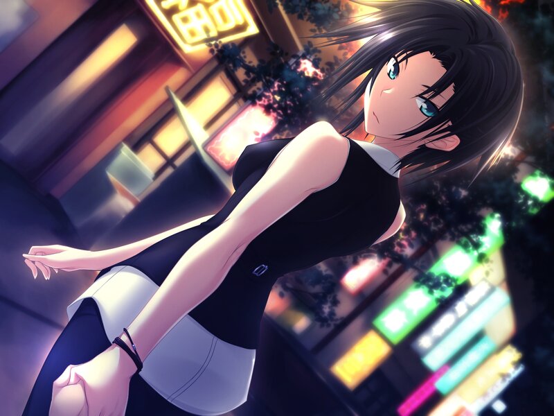 Anime Woman in Black Dress — Dramatic, Night, Night Street