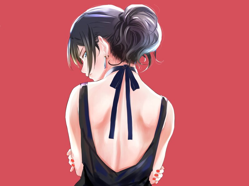 Anime Woman in Black Dress — Red, Dramatic, Digital Art