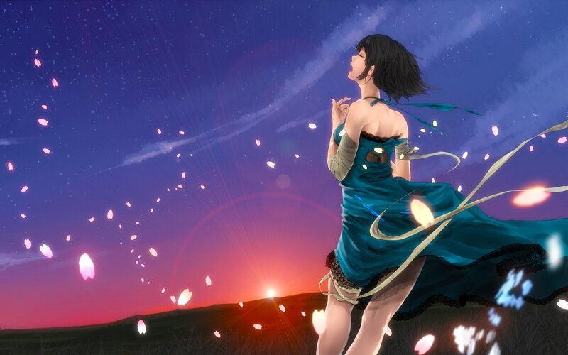 Anime Woman in Blue Dress — Serene, Sunset