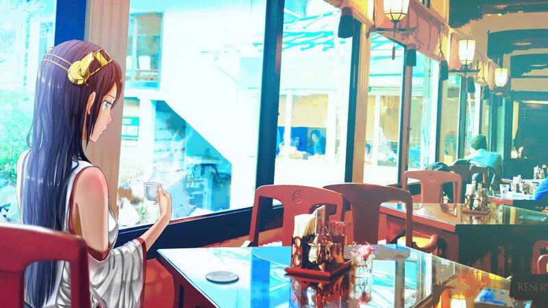 Anime Woman in Cafe — Blue