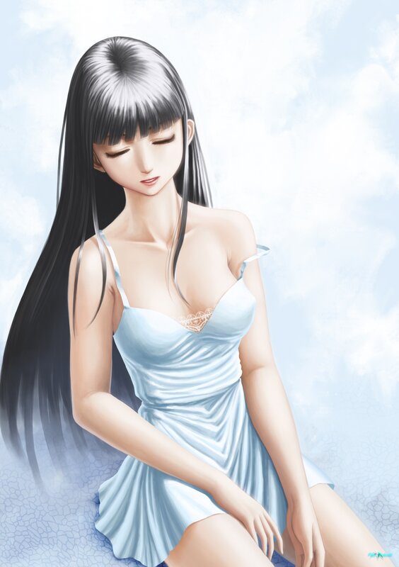 Anime Woman in Dress — Blue, Serene, Digital Art