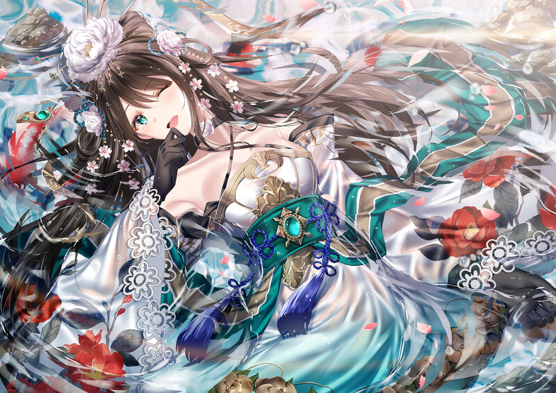 Anime Woman in Floral Dress — White