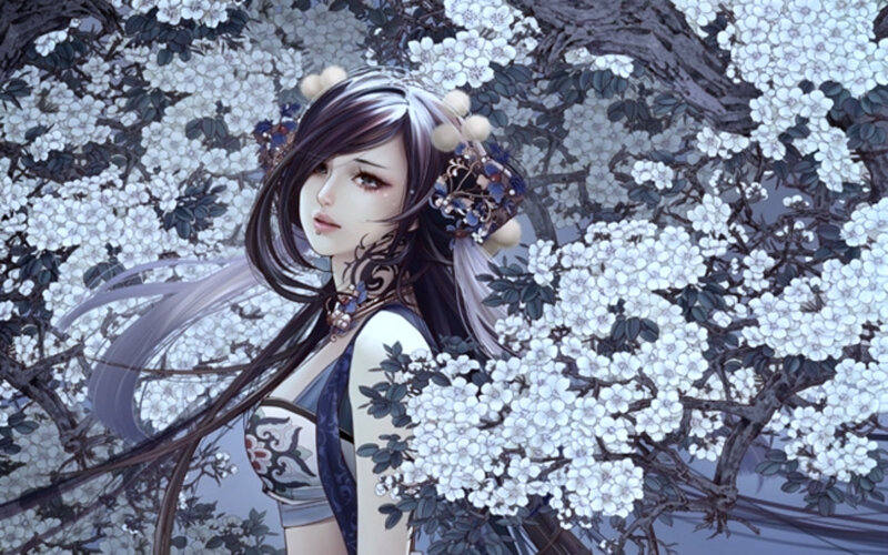Anime Woman in Flowers — White