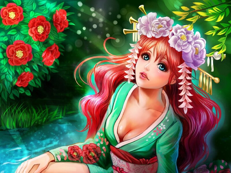 Anime woman in garden
