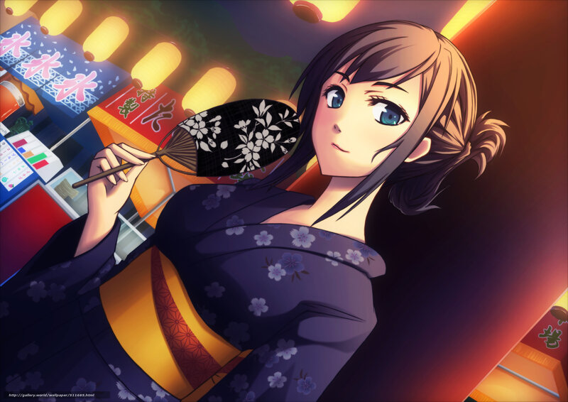 Anime woman in kimono at night market
