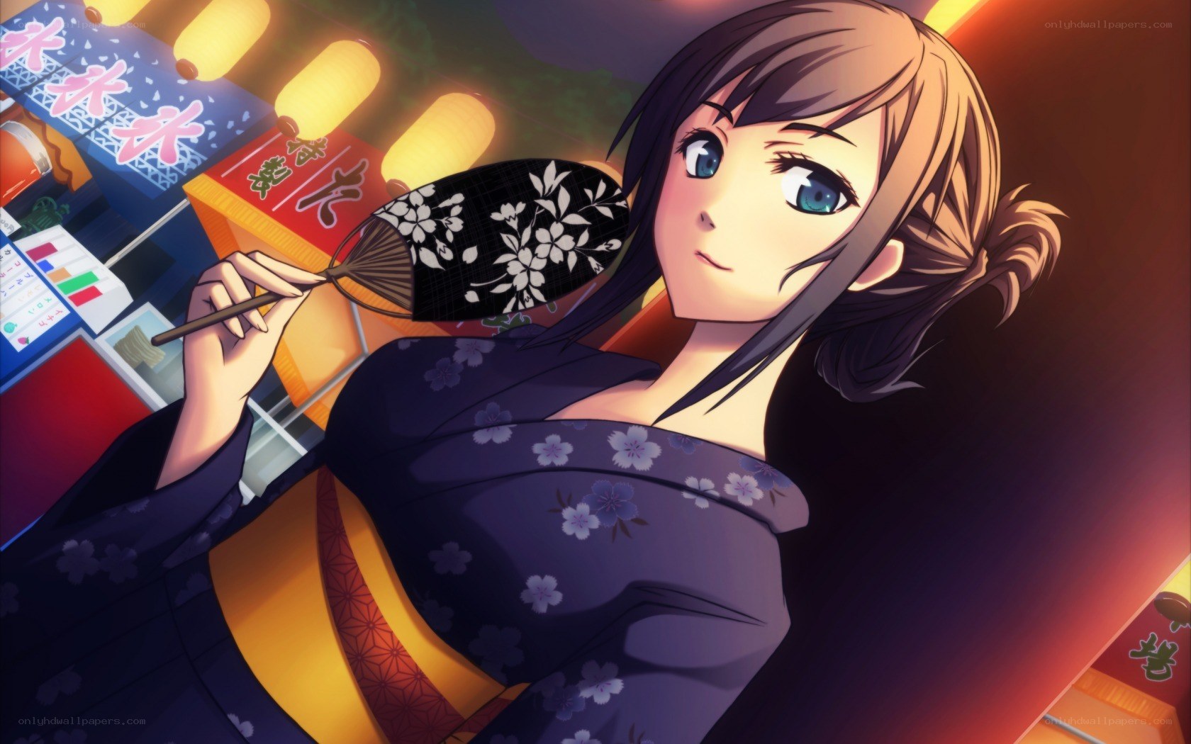 anime woman in kimono at night market