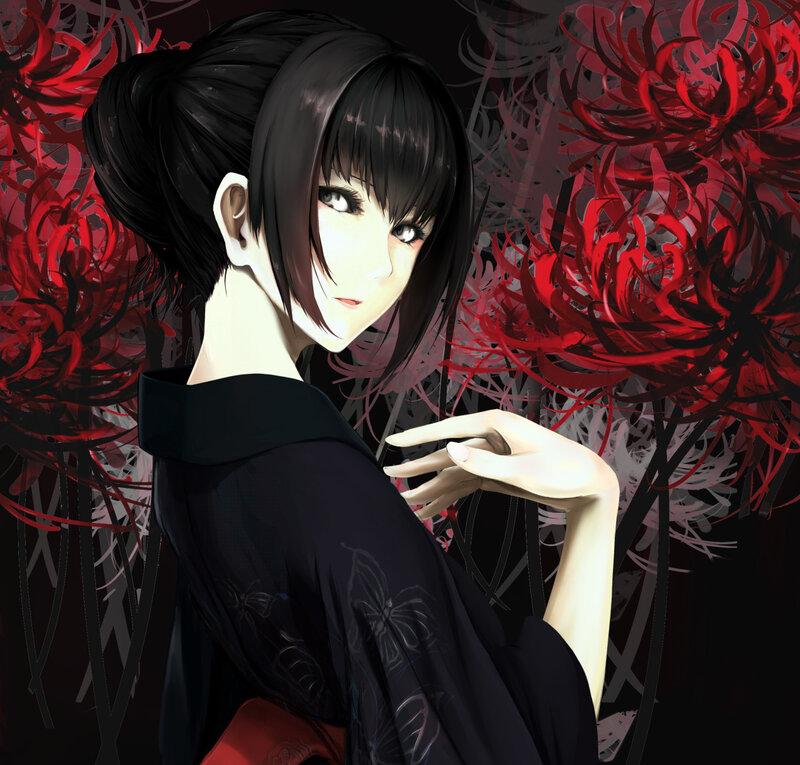 Anime Woman in Kimono — Black, Dramatic, Digital Art