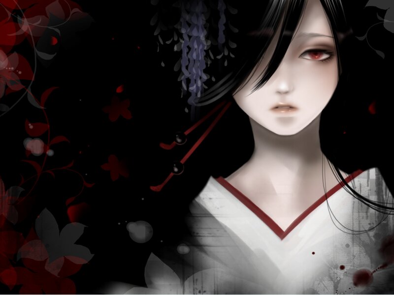 Anime Woman in Kimono — Black, Dramatic, Night