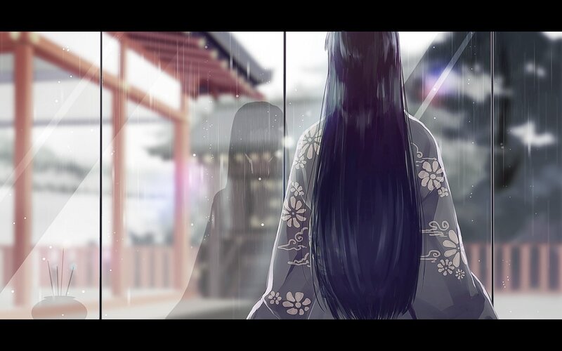 Anime Woman in Kimono — Black, Serene, Afternoon