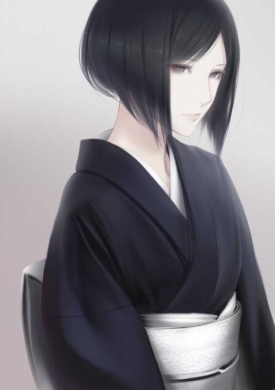 Anime Woman in Kimono — Black, Serene, Digital Art