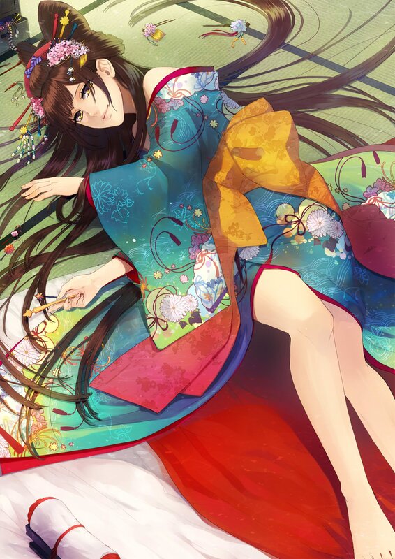 Anime Woman in Kimono — Blue, Calm, Digital Art, Hair Ornaments