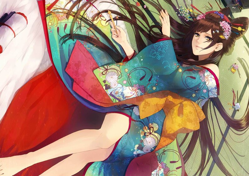 Anime Woman in Kimono — Blue, Calm, Digital Art