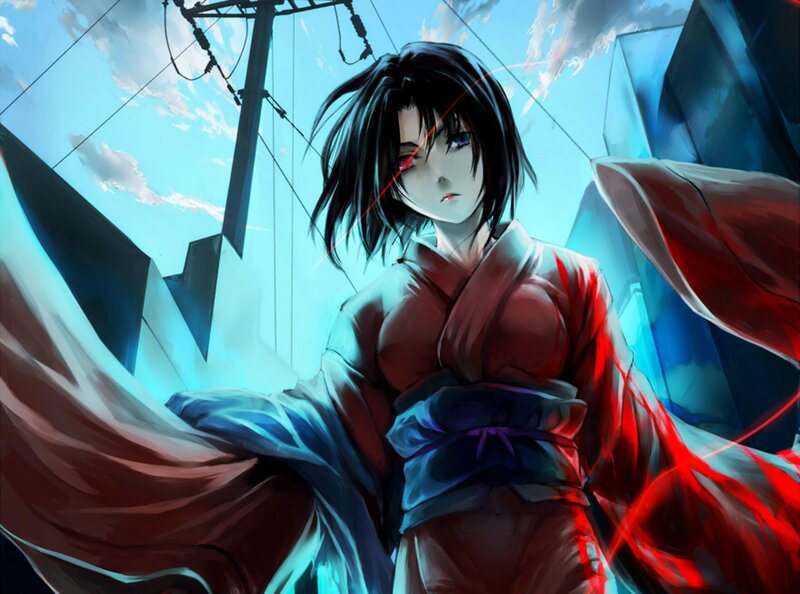 Anime Woman in Kimono — Blue, Dramatic