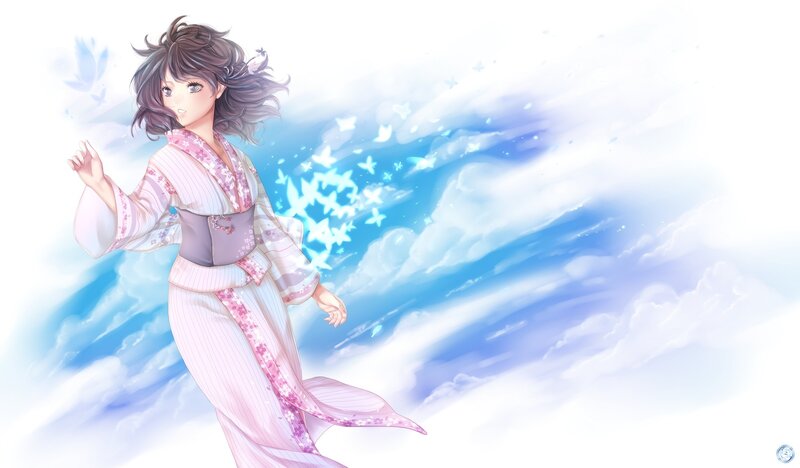 Anime Woman in Kimono — Blue, Serene, Digital Art