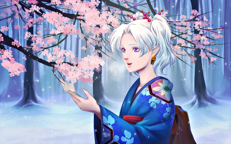 Anime Woman in Kimono — Blue, Serene, Spring, Digital Art