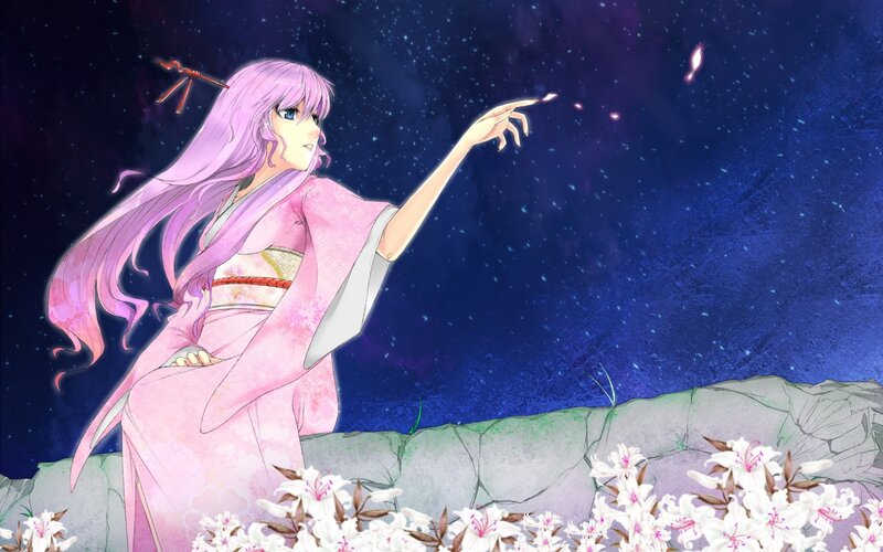 Anime Woman in Kimono — Pink, Serene, Night