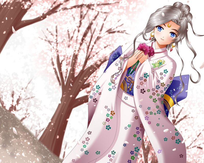 Anime Woman in Kimono — Pink, Serene, Spring, Cherry Blossoms