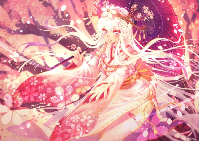 Anime Woman in Kimono — Pink, Serene, Spring, Digital Art, Sakura