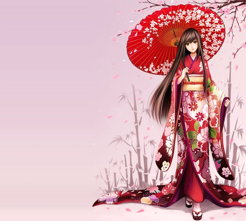 Anime Woman in Kimono — Pink, Serene, Spring, Digital Art