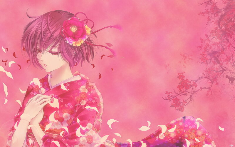 Anime Woman in Kimono — Pink, Serene, Spring, Flower