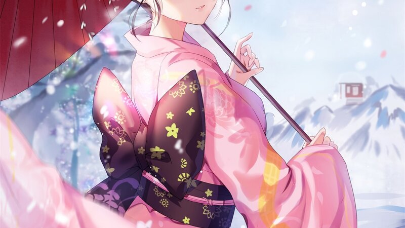 Anime Woman in Kimono — Pink, Serene, Winter