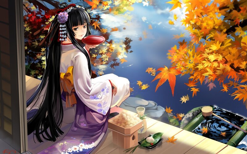 Anime Woman in Kimono — Purple, Serene, Autumn