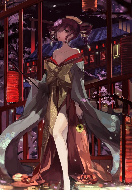 Anime Woman in Kimono — Purple, Serene, Night, Digital Art, Red Lanterns