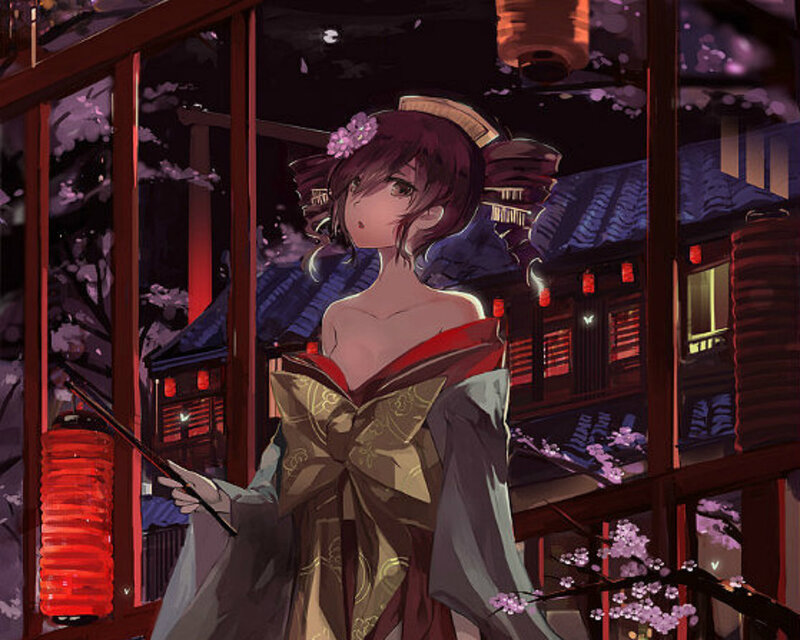 Anime Woman in Kimono — Purple, Serene, Night, Digital Art