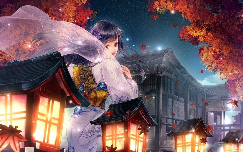 Anime Woman in Kimono — Purple, Serene, Night
