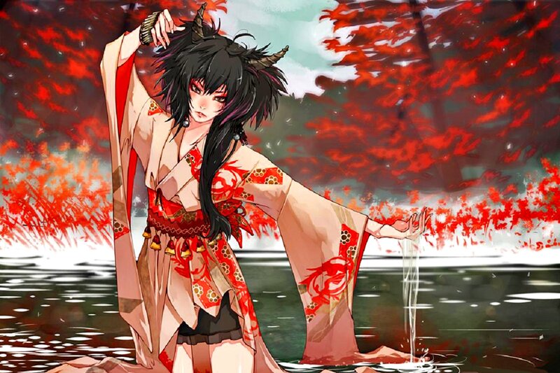 Anime Woman in Kimono — Red, Dramatic, Autumn, Digital Art, Water