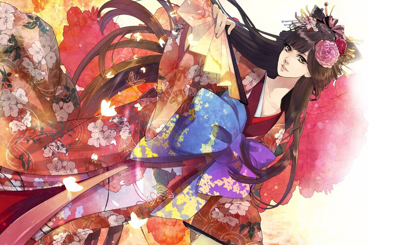Anime Woman in Kimono — Red, Dramatic, Autumn