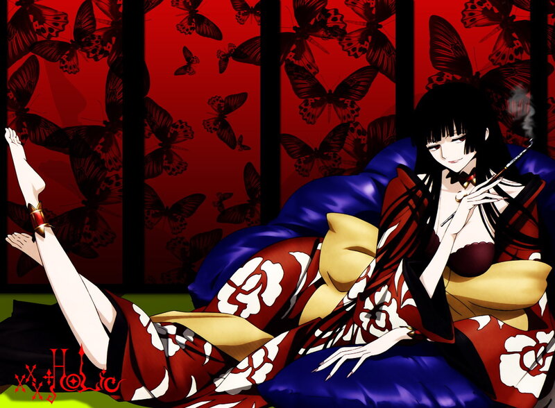 Anime Woman in Kimono — Red, Dramatic, Butterflies