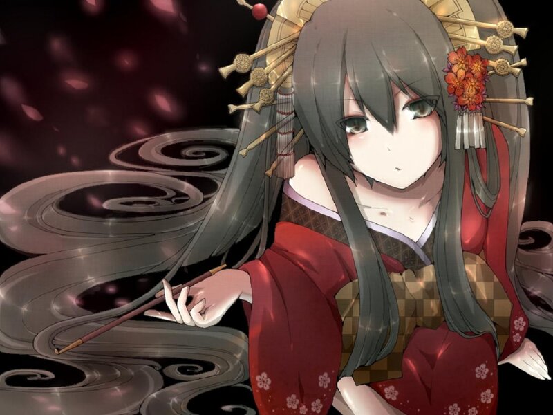 Anime Woman in Kimono — Red, Dramatic, Night
