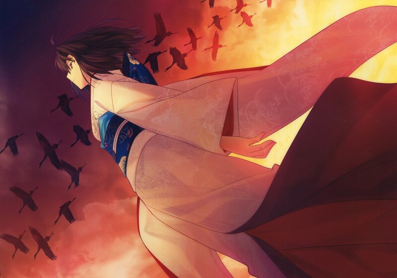Anime Woman in Kimono — Red, Dramatic, Sunset