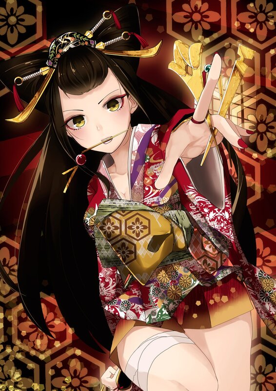 Anime Woman in Kimono — Red, Dramatic, Swords
