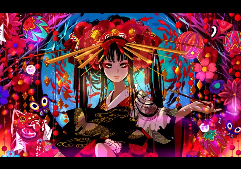 Anime Woman in Kimono — Red, Festive