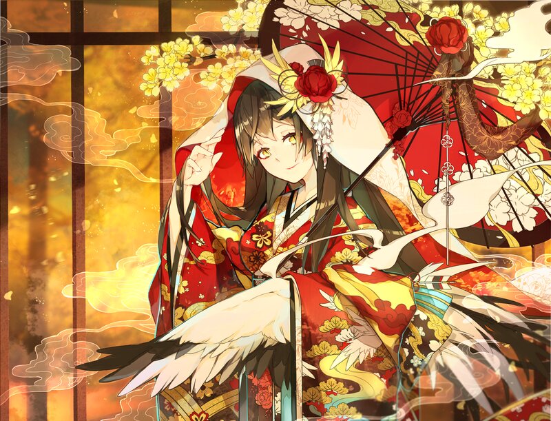 Anime Woman in Kimono — Red, Serene, Autumn, Digital Art