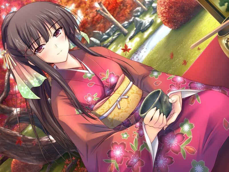 Anime Woman in Kimono — Red, Serene, Autumn