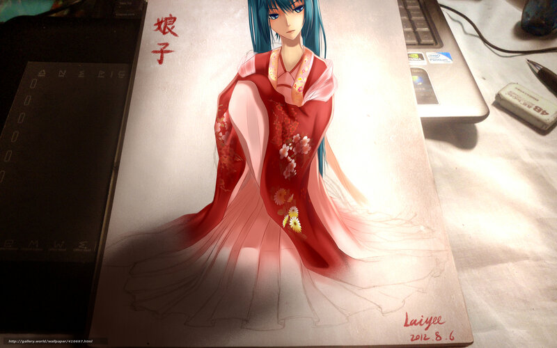 Anime Woman in Kimono — Red, Serene, Digital Art, Laptop