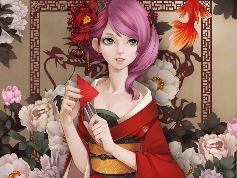 Anime Woman in Kimono — Red, Serene, Digital Art